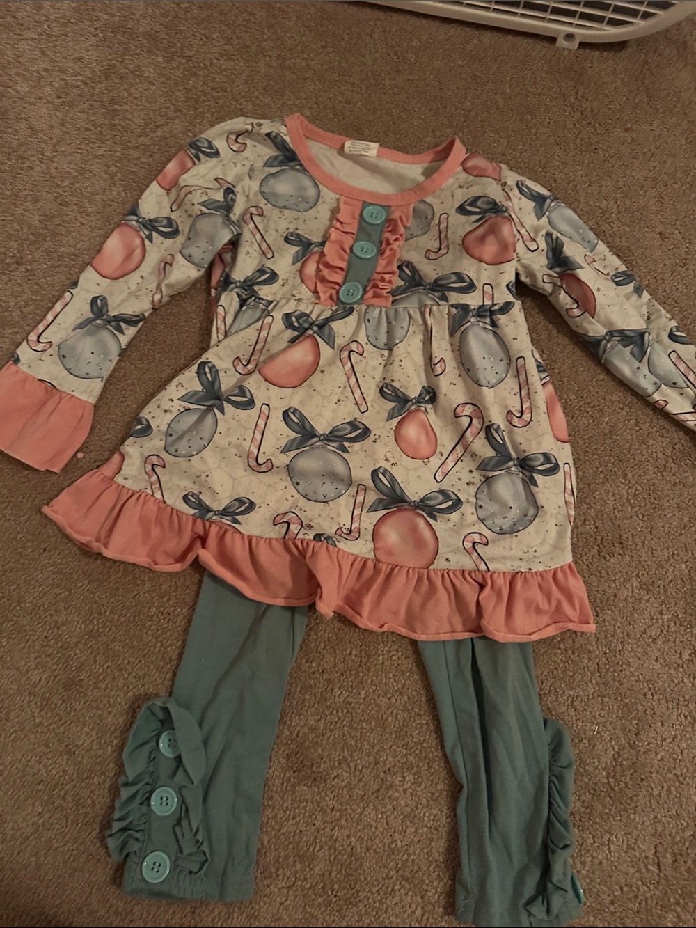 Girls Pink & Blue Ornament Print Ruffle Christmas  Set